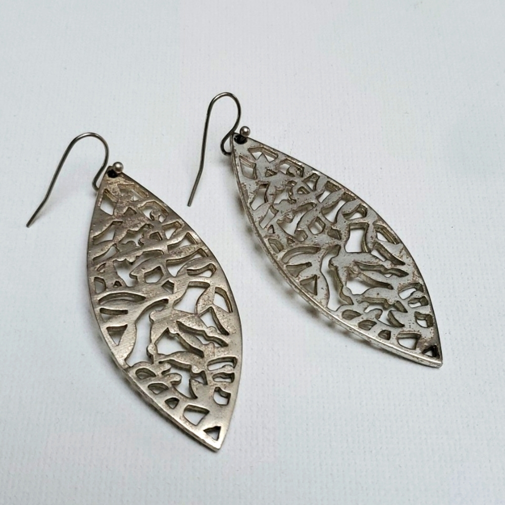 Boho Silver Leaf Laser Cut Design Dangle Earrings. - image 2